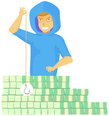 Cartoon thief sitting near big money stack. Man stealing carefully, bandit attacks money. Funny burglar isolated on white background. Dangerous criminal thief puts banknotes on hook to stealのイラスト素材