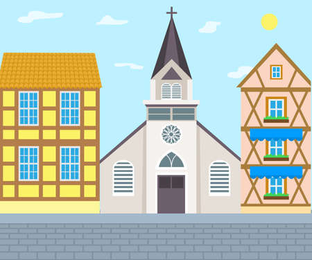 Old Catholic Church isolated. Cartoon vector classic cathedral illustration. Religious building in style of ancient architecture, traditional prayer house with cross on roofのイラスト素材
