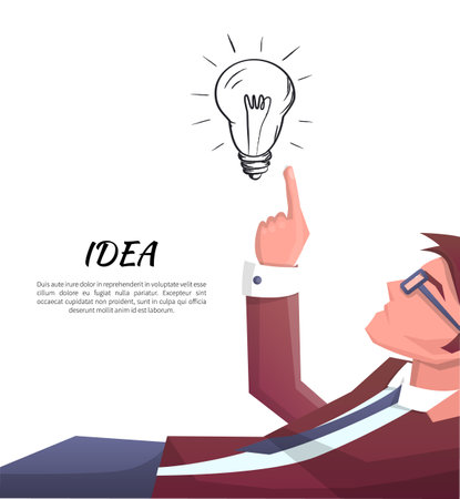Idea developer and electric bulb, idea of man wearing glasses, poster with text sample and headline vector illustration isolated on white backgroundのイラスト素材