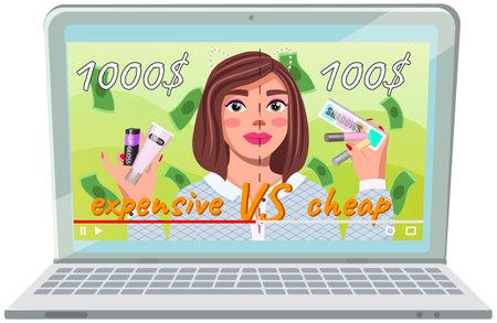 Beauty female video blogger talks about expensive and cheap cosmetics. Beautiful young woman...