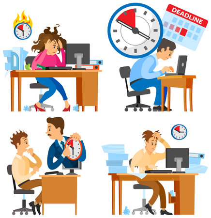Missing deadline, bad time management. Work in high stress conditions and under hard boss pressure. Scene of tired, nervous, stressed people clutches head at work, many tasks. Deadline metaphorsのイラスト素材