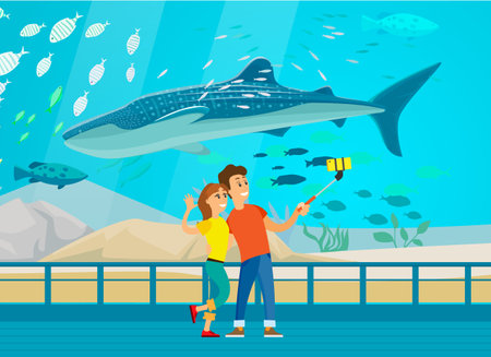 People watching underwater scenery with sea animals in aquarium. Underwater fauna with large whale. Oceanarium visitors look at fish in aquarium. Couple taking selfie with humpback whale in oceanariumのイラスト素材