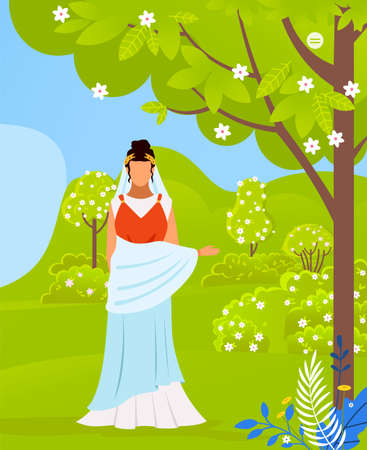 Roman woman in traditional clothes, citizen of ancient rome. Young antique female as roman empress wearing in long white dress with gold laurel wreath on her head stands in beautiful green gardenのイラスト素材