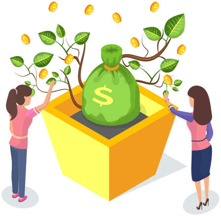 Wealth management isometric composition with money tree in pot growing cash coins. Women harvest from money tree with banknotes. Plant to attract income, finance. Growing dollar bills and gold coinsのイラスト素材