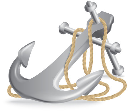 Sea adventures and tourism object. Iron anchor with long rope for boat braking, maritime concept. Equipment for vessel on journey. Metal facility holding ship near coast. Huge steel hook with cordのイラスト素材