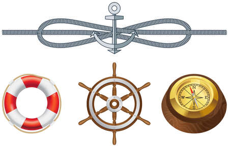 Attributes of marine theme vector set isolated on white rope, lifebuoy, vintage compass and steering wheel. Sea adventures and tourism objects set. Marine cruise, ocean journey and sea travellingのイラスト素材