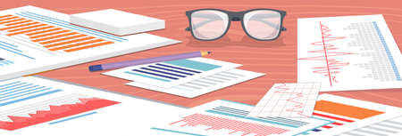 Visualize with business analytics. Work with statistical data analysis, changing indicators. Analyze statistical indicators, business data. Marketing research for presentation. Data financial reportのイラスト素材