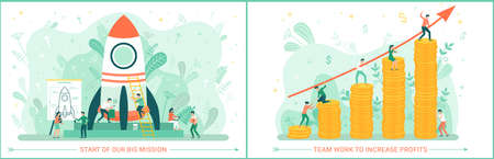 Team is working with startup to increase profict. Launching business project, business strategy. Characters planning rocket launch, prepare spaceship. People are working on piles of gold coinsのイラスト素材