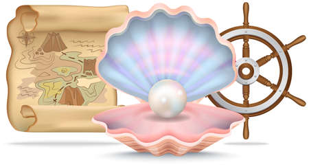 Marine inventory isolated on white background. Shell with pearl, map and steering wheel for being at sea. Inventory, treasure, nautical design items. Marine life symbols flat vector illustrationのイラスト素材