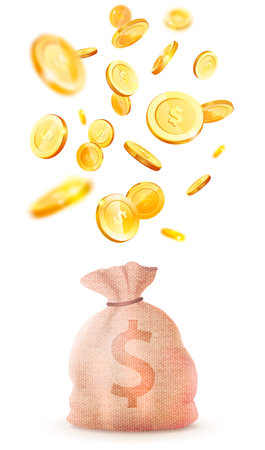 Large cloth bag with dollar symbol. Sack with coins as symbol of wealth and success. Container with money isolated on white background. Income and high earnings in cash. Dollar coins fall into bagのイラスト素材