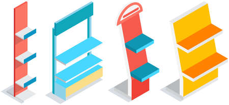 Trading equipment set, empty shelves for goods. Store furniture vector illustration with free space for products display. Blank row for storage and keeping goods. Rack for commercial market isolatedのイラスト素材