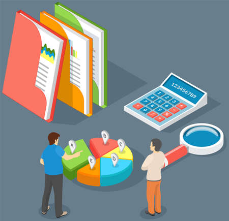 Visualize with business analytics. People work with statistical data analysis, changing indicators. Employees analyze statistical indicators, business data. Characters work with marketing researchのイラスト素材