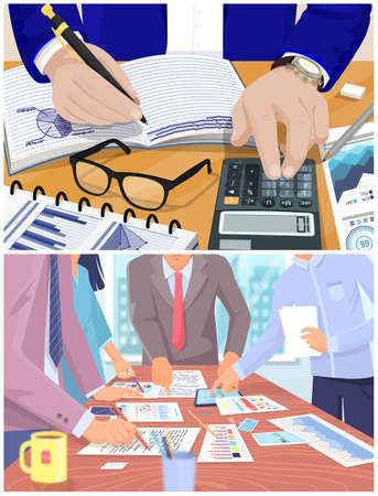 Visualize with business analytics. People work with statistical data analysis, changing indicators. Employees analyze statistical indicators, business data. Characters work with marketing researchのイラスト素材