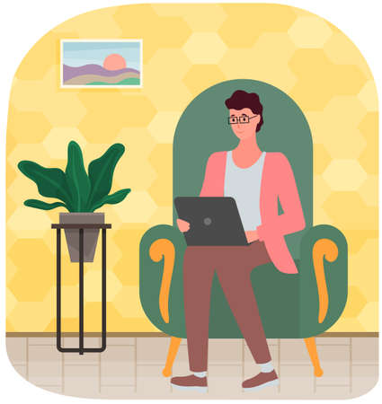 Chatting, sending messages, surfing Internet. Man sitting at workplace is using laptop to chat. Social networking, online communication. Guy spends time at laptop with social media, meeting websiteのイラスト素材