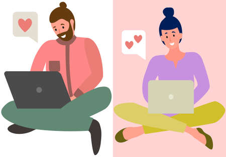 Chatting, communication and sending messages via Internet. People in relationship using laptops, computers to chat. Spending time at laptop for communication. Lovers man and woman social networkingのイラスト素材