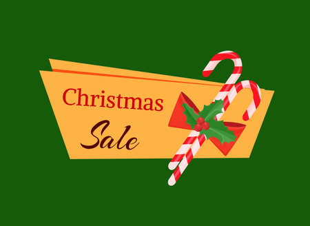 Christmas sale tag template with decoration. Candy sticks decorated by mistletoe holly berries and bow isolated vector. Discounts emblem, price offのイラスト素材