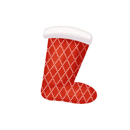 Santa red sock with pattern of cross over points and lines in flat style isolated on white. Decoration sign with fur on the top for winter holiday vectorのイラスト素材