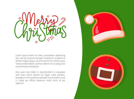 Merry Christmas greeting card with cookie of Santa hat and belt. Bright design illustrations with text and gingerbread of Claus part of costume vectorのイラスト素材