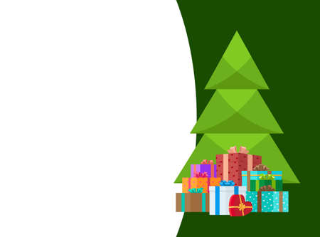 Christmas holiday wishes on New Year invitation templates, lettering greetings. Piles of wrapped gift boxes, presents in packages, evergreen fir treeのイラスト素材