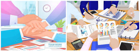 Shaking hands with symbol of success deal, happy partnership, greeting shake, casual handshaking agreement, team work meeting in office. Businessmen with partners sitting at table discussing documentsのイラスト素材