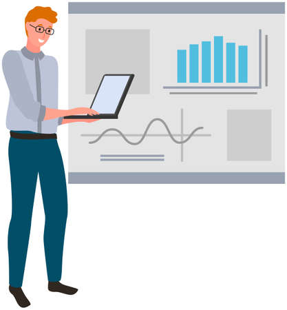 Investment growth with digital technology. Businessman sitting is working on laptop. Accumulating and collecting money. Savings, rich and wealth concept. Man with computer exaggerates profitのイラスト素材