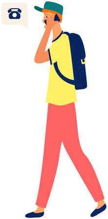 Young man walking and talking on mobile phone, male character communicating with smartphone. Person strides to full height isolated on white background holds portable device in hand has conversationのイラスト素材