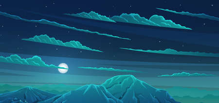 Mountains landscape, abstract blue panoramic view with cloudy night sky vector illustration. Snow capped mountains background with hills on clear starry sky, bright moon illuminates scenery in eveningのイラスト素材