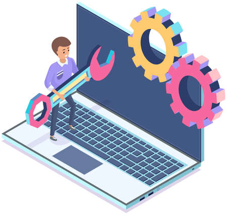Operating system maintenance for web design. Adjusting app, setting options, repair, fixing. Man with wrench working with settigns program on laptop. Settigns, computer customization developmentのイラスト素材