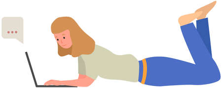 Distance learning, freelance and internet entertainment. Woman working with laptop home. Remote work, typing on computer keyboard, online home freelancing. Girl looking screen. Chatting, communicationのイラスト素材