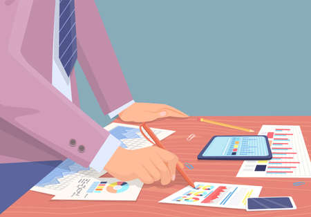 Businessman working with documents sitting at table signs contract with business partners. Male hands busy with paper and financial chart and graph, take note on notepad check report with statisticsのイラスト素材
