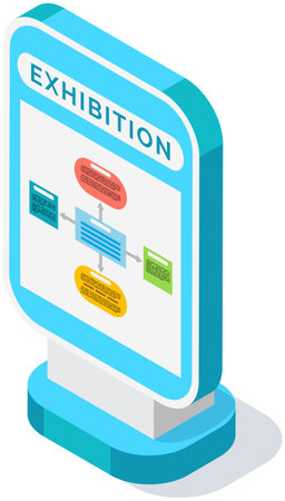 Advertising stand, announcement street illuminated board, exhibition isolated on white. Information promotional banner, sample for outdoor advertising. Mobility signboard element of marketing companyのイラスト素材