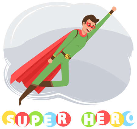 Strong super man smiles and flies to save world stretched out his hand. Brave character in superhero costume with cloak on white background. Cartoon person hurries to protects people from villainsのイラスト素材