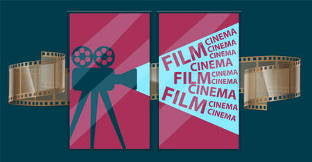 Retro movie projector with abstract light rays. Analog device cinema motion picture film projector poster with different film strip, reels. Optical device for viewing still images, filmstrips, slidesのイラスト素材