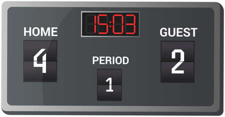 LED scoreboard with indicators for sport games. Illustrated on gray background with time and result display. Digital timer shows score in sports match in championship and tournament, graphic boardのイラスト素材