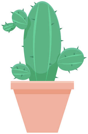 Cactus icon in flat style on white background. Home southern plant cactus in pot and with spines. Decorative evergreen plant with prickly thorns in yellow pot. Tropical desert houseplant vector designのイラスト素材