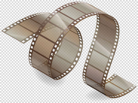 Cinema movie and photography 35 mm film strip template, vector flat element in vintage style. Cinema strip isolated icon with recorded film on tape, cinematography retro photo roll with framesのイラスト素材