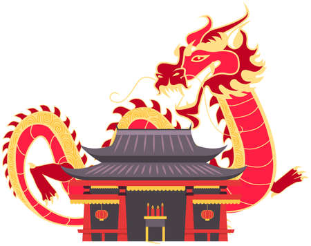 Asian or Chinese building or temple in traditional style and fabulous mythical red dragon isolated on white. Country national symbol. Travel Chinese vector poster with japanese famous landmarkのイラスト素材