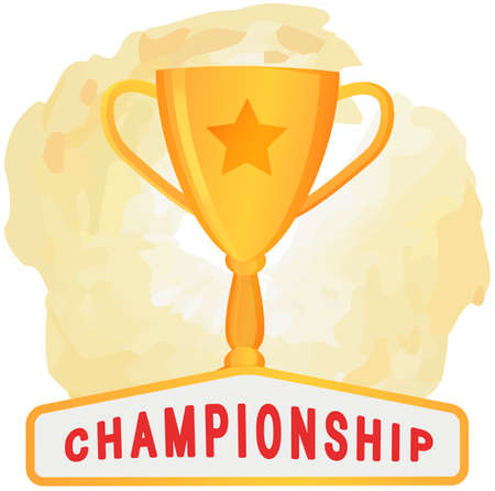 Golden trophy cup, award to winner on white background. Vector illustration of prize with two grips. Glossy award, first place, winner symbol, championship element of goal, first place, trophyのイラスト素材