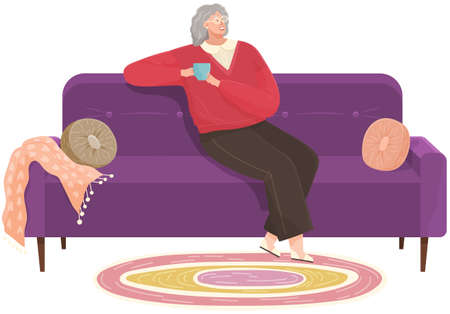 Adult woman sitting on couch at home drinking coffee resting after work, thinking about something. Female character stay in apartment sitting on sofa, drinking tea, enjoying free time, dreamingのイラスト素材