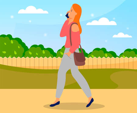 Young woman talking on cellphone on walk. Cute woman with gadget communicating with friend holding telephone. Flat cartoon female character using smartphone isolated speaking by mobile phoneのイラスト素材