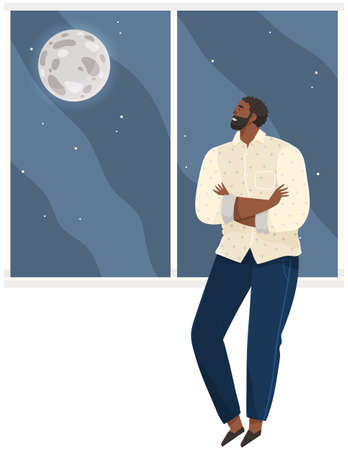 Young smiling man thinking about future and looks out window at moon and dark sky with stars. Guy sitting on windowsill, relaxes and reflects on his dream on white background at home in eveningのイラスト素材