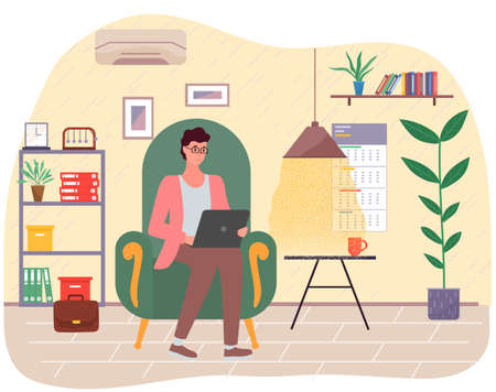 Man working person sitting in room and correspondence surfing Internet. Male character communicating through network on laptop. Freelance, work from home and home office concept, remote workのイラスト素材