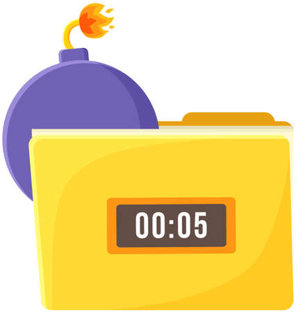 Lilac bomb with timer on and fire burns on wick isolated on white background vector illustration. Danger symbol, round dynamite. Detonating hazard charge. Explosive attack weapon with time boardのイラスト素材