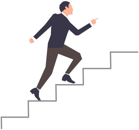 Businessman climbing stairs of success. Business competition, leadership concept. Man climbs career ladder, go to success. Successful business, strategic planning, project developmentのイラスト素材