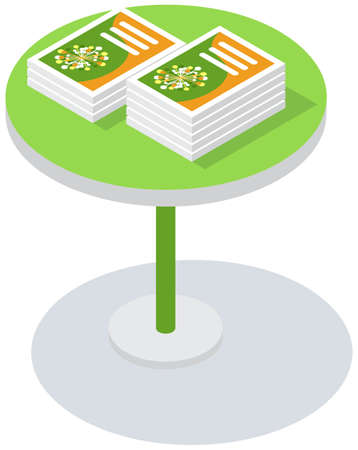 Isometric concept of presentation product witn leaflets. Promotional flyers with advertisement of new product. Advertising stand with announcements. Stand, presentation table with flyers, leafletsのイラスト素材