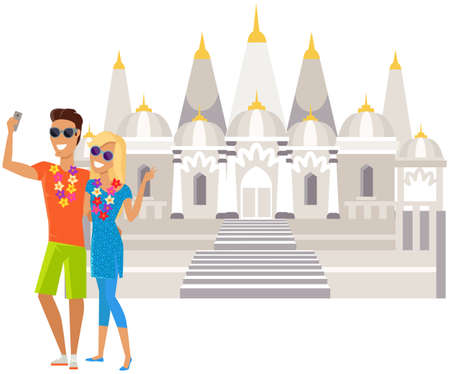 Couple of tourists taking selfie near old catholic church isolated travelers. Temple classic cathedral. Religious building in style of ancient architecture, traditional prayer house with cross on roofのイラスト素材