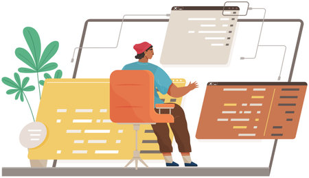 Programmer engineering and coding. Coder programmers working on web development on computer. Concept of script coding and programming in php, javascript, python, other languages. Software developersのイラスト素材