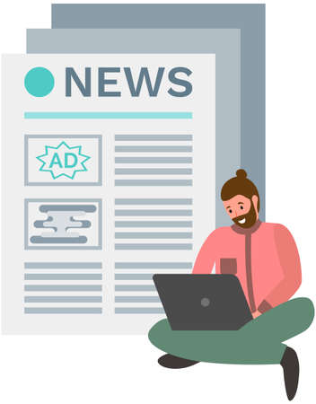 User surfs internet, reads news portal. Man typing on laptop to find information, journalist at work. Reading latest or hot news online on computer. Modern business young man use news applicationのイラスト素材