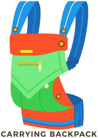 Baby carrier glyph, colorful bag. Backpack for carrying children. Sling, backpack with pocket and long shoulder straps. Convenient accessory for mother to carry baby isolated on white backgroundのイラスト素材