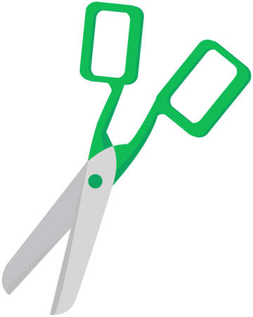 Scissors, tool made of blades and plastic handles. Equipment for creativity, cutting materials. Iron scissors with green handles isolated on white background. Sharp cutting tool, shears, clippersのイラスト素材